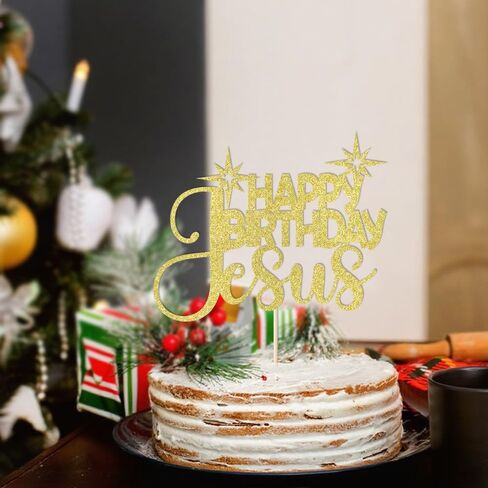 1 PCS Happy Birthday Jesus Cake Topper，Merry Christmas Nativity Jesus Birthday Cake Pick，Gold Glitter Winter Holiday Christmas Party Supplies in Saudi Arabia