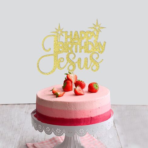1 PCS Happy Birthday Jesus Cake Topper，Merry Christmas Nativity Jesus Birthday Cake Pick，Gold Glitter Winter Holiday Christmas Party Supplies in Saudi Arabia