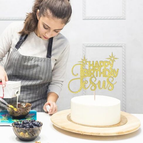 1 PCS Happy Birthday Jesus Cake Topper，Merry Christmas Nativity Jesus Birthday Cake Pick，Gold Glitter Winter Holiday Christmas Party Supplies in Saudi Arabia