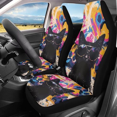 Bulopur Black White Boho Cat Floral Automobile Seat Cover Sets, Car Accessories Interior Decor 2Pcs, Car Seat Protectors for Car, Truck SUVs in Saudi Arabia