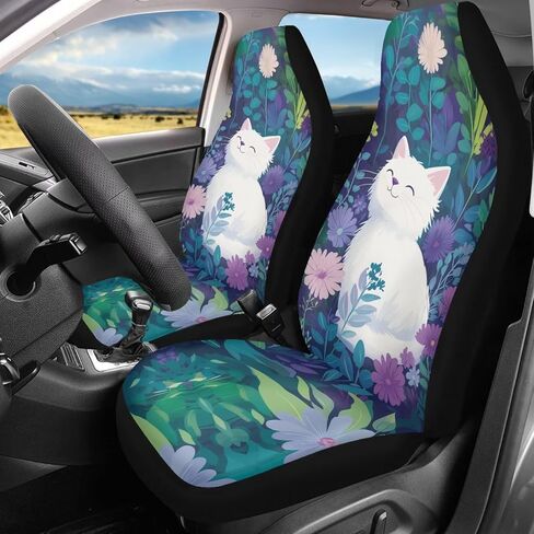 Bulopur Black White Boho Cat Floral Automobile Seat Cover Sets, Car Accessories Interior Decor 2Pcs, Car Seat Protectors for Car, Truck SUVs in Saudi Arabia