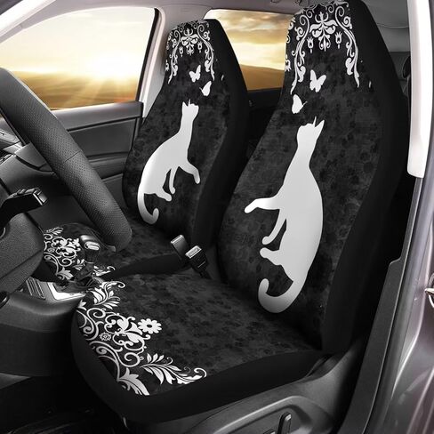 Bulopur Black White Boho Cat Floral Automobile Seat Cover Sets, Car Accessories Interior Decor 2Pcs, Car Seat Protectors for Car, Truck SUVs in Saudi Arabia