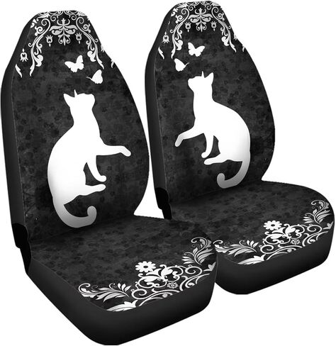 Bulopur Black White Boho Cat Floral Automobile Seat Cover Sets, Car Accessories Interior Decor 2Pcs, Car Seat Protectors for Car, Truck SUVs in Saudi Arabia