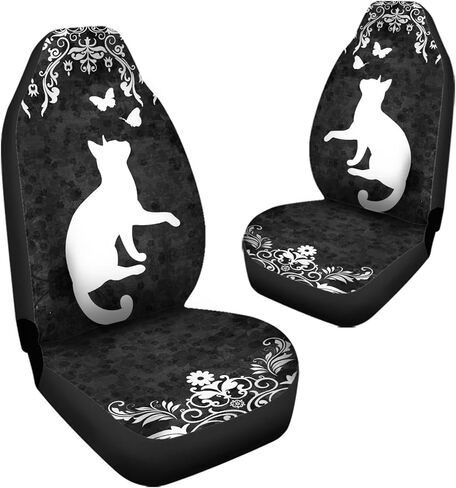 Bulopur Black White Boho Cat Floral Automobile Seat Cover Sets, Car Accessories Interior Decor 2Pcs, Car Seat Protectors for Car, Truck SUVs in Saudi Arabia