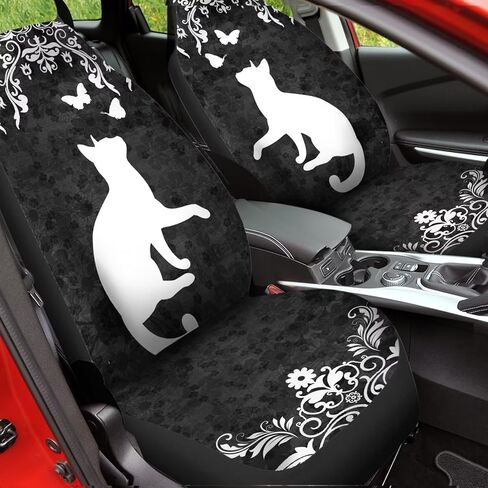 Bulopur Black White Boho Cat Floral Automobile Seat Cover Sets, Car Accessories Interior Decor 2Pcs, Car Seat Protectors for Car, Truck SUVs in Saudi Arabia