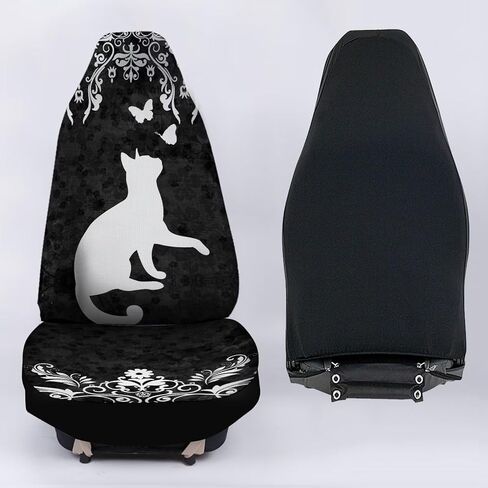 Bulopur Black White Boho Cat Floral Automobile Seat Cover Sets, Car Accessories Interior Decor 2Pcs, Car Seat Protectors for Car, Truck SUVs in Saudi Arabia