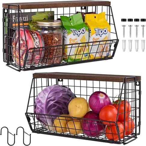 Wall Storage Hanging Baskets 2 Pack - Large Wooden Top Wire Basket Organizers & S Hooks - Assemble Floating Shelf Racks for Pantry Kitchen Office Bathroom Garage Organization in Saudi Arabia