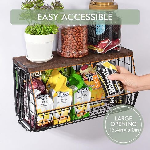 Wall Storage Hanging Baskets 2 Pack - Large Wooden Top Wire Basket Organizers & S Hooks - Assemble Floating Shelf Racks for Pantry Kitchen Office Bathroom Garage Organization in Saudi Arabia