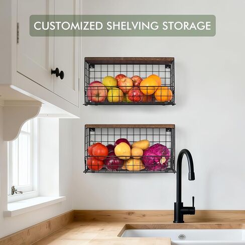 Wall Storage Hanging Baskets 2 Pack - Large Wooden Top Wire Basket Organizers & S Hooks - Assemble Floating Shelf Racks for Pantry Kitchen Office Bathroom Garage Organization in Saudi Arabia