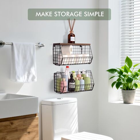 Wall Storage Hanging Baskets 2 Pack - Large Wooden Top Wire Basket Organizers & S Hooks - Assemble Floating Shelf Racks for Pantry Kitchen Office Bathroom Garage Organization in Saudi Arabia