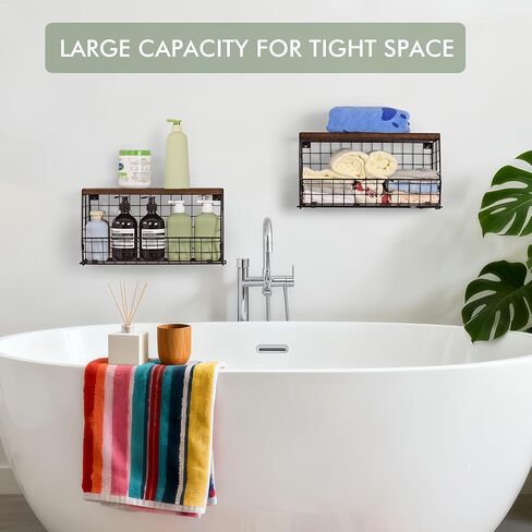 Wall Storage Hanging Baskets 2 Pack - Large Wooden Top Wire Basket Organizers & S Hooks - Assemble Floating Shelf Racks for Pantry Kitchen Office Bathroom Garage Organization in Saudi Arabia