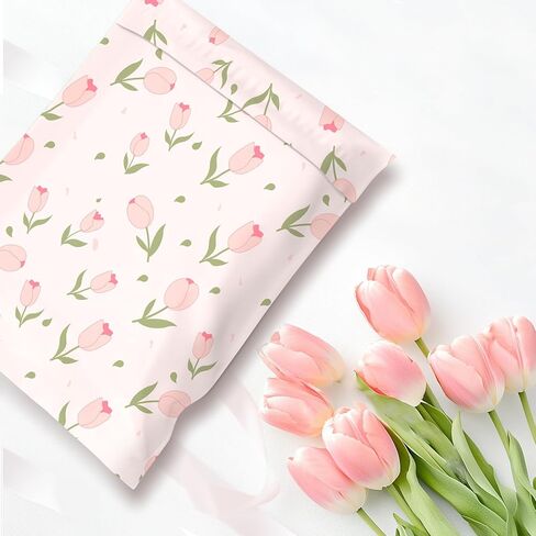 أكياس بريد من البوليستر اللطيفة من KKBESTPACK مقاس 14.5 × 19، 50 عبوة - حقائب شحن مقاومة للماء ذاتية الغلق مقاومة للتمزق من تصميم التوليب الوردي لمستلزمات التعبئة والتغليف للأعمال الصغيرة in Saudi Arabia
