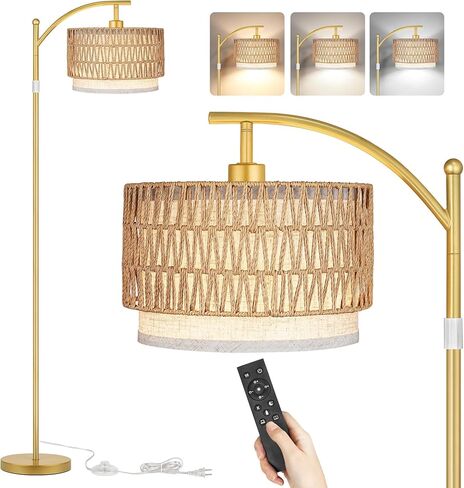 ROTTOGOON Arc Floor Lamps for Living Room, Boho Farmhouse Floor Lamp with Remote & Dimmable Bulb, Standing Lamp with Rattan & Fabric Shades, Adjustable Tall Lamp for Bedroom Office-Gold in Saudi Arabia
