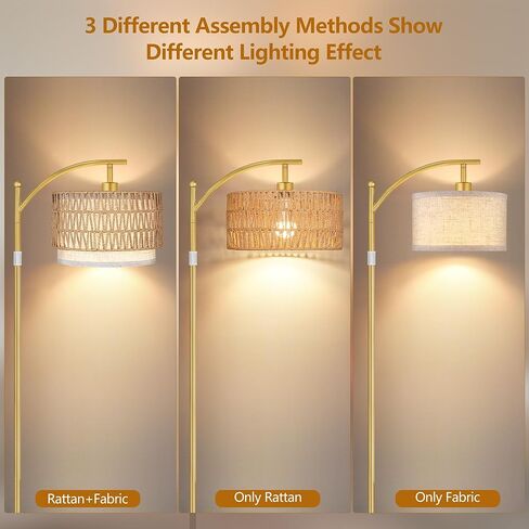 ROTTOGOON Arc Floor Lamps for Living Room, Boho Farmhouse Floor Lamp with Remote & Dimmable Bulb, Standing Lamp with Rattan & Fabric Shades, Adjustable Tall Lamp for Bedroom Office-Gold in Saudi Arabia