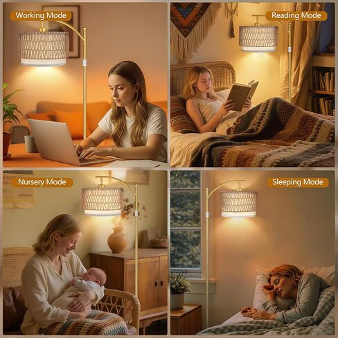 ROTTOGOON Arc Floor Lamps for Living Room, Boho Farmhouse Floor Lamp with Remote & Dimmable Bulb, Standing Lamp with Rattan & Fabric Shades, Adjustable Tall Lamp for Bedroom Office-Gold in Saudi Arabia
