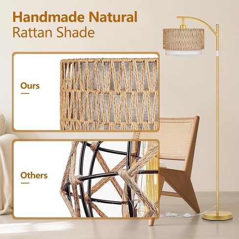 ROTTOGOON Arc Floor Lamps for Living Room, Boho Farmhouse Floor Lamp with Remote & Dimmable Bulb, Standing Lamp with Rattan & Fabric Shades, Adjustable Tall Lamp for Bedroom Office-Gold in Saudi Arabia