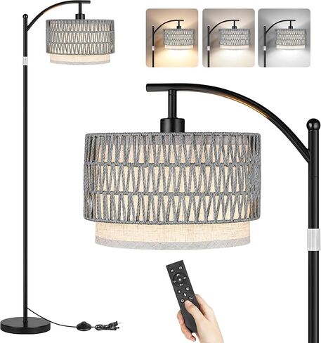 ROTTOGOON Arc Floor Lamps for Living Room, Boho Farmhouse Floor Lamp with Remote & Dimmable Bulb, Standing Lamp with Rattan & Fabric Shades, Adjustable Tall Lamp for Bedroom Office-Gold in Saudi Arabia