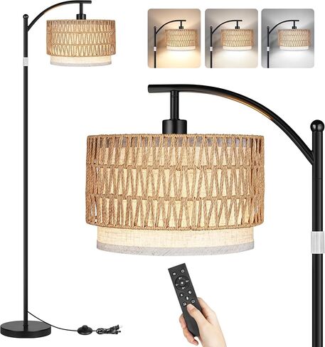 ROTTOGOON Arc Floor Lamps for Living Room, Boho Farmhouse Floor Lamp with Remote & Dimmable Bulb, Standing Lamp with Rattan & Fabric Shades, Adjustable Tall Lamp for Bedroom Office-Gold in Saudi Arabia