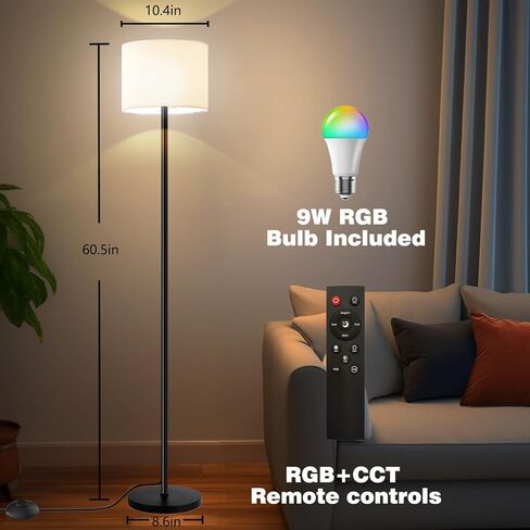 Smart Floor Lamp with APP & Remote Control - Dimmable RGB & White Light (3000K-6500K) for Living Room, Bedroom, Office - Modern Standing Lamp with 9W LED Bulb Included in Saudi Arabia