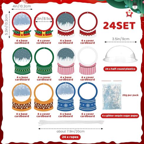 24 حزمة عيد الميلاد DIY سنو غلوب عدة الحرفية للأطفال 3D تهتز سنو غلوب شنقا زخرفة لشجرة عيد الميلاد مع أوراق الترتر بريق 3D نصف كرات وبطاقات (ملونة) in Kuwait