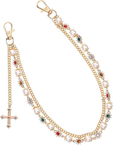 Pants Wallet Chains Layered Exquisite Gold Rhinestone Flower Pearl Jean Pocket Chain Fashion Hip Hop Cross Belt Keychain Accessory Cute Double Bag Purse Charms Pendant Jewelry for Women Men in Saudi Arabia