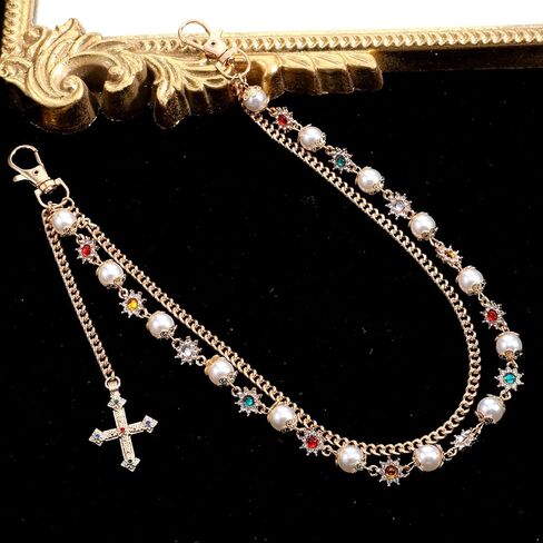 Pants Wallet Chains Layered Exquisite Gold Rhinestone Flower Pearl Jean Pocket Chain Fashion Hip Hop Cross Belt Keychain Accessory Cute Double Bag Purse Charms Pendant Jewelry for Women Men in Saudi Arabia