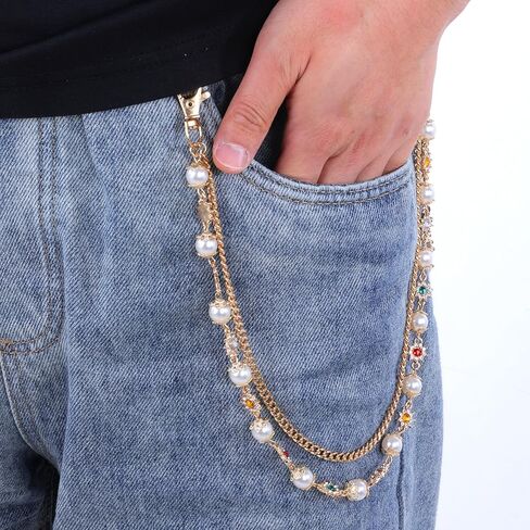 Pants Wallet Chains Layered Exquisite Gold Rhinestone Flower Pearl Jean Pocket Chain Fashion Hip Hop Cross Belt Keychain Accessory Cute Double Bag Purse Charms Pendant Jewelry for Women Men in Saudi Arabia