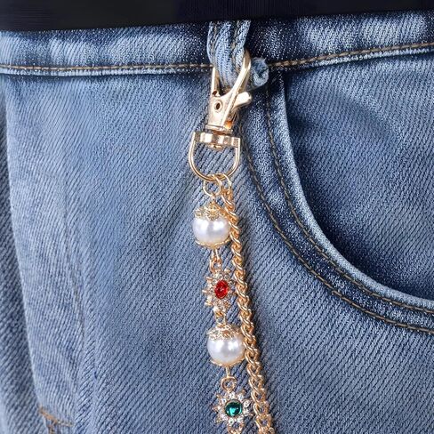 Pants Wallet Chains Layered Exquisite Gold Rhinestone Flower Pearl Jean Pocket Chain Fashion Hip Hop Cross Belt Keychain Accessory Cute Double Bag Purse Charms Pendant Jewelry for Women Men in Saudi Arabia