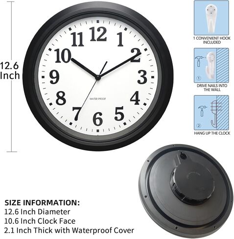 12 Inch Sealed Indoor Outdoor Waterproof Wall Clock, Dustproof Silent Non-Ticking Battery Operated Quality Quartz Round Clock, Wall Decorative for Patio, Pool, Bathroom (Black) in Saudi Arabia
