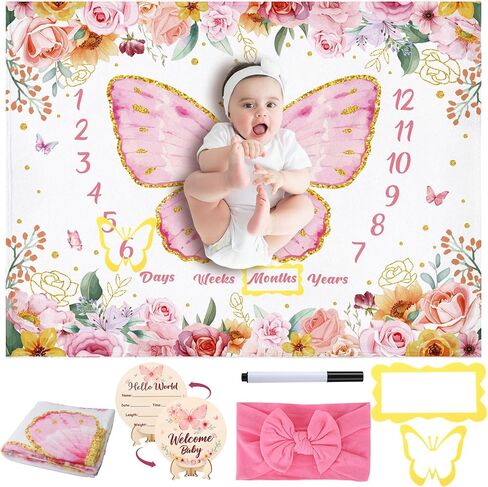 Butterfly Baby Milestone Blanket Set for Baby Girls, Floral Monthly Baby Milestone Blanket Baby Growth Blanket Newborn Photography Background with Wooden Signs, Frames, Bow Headband in Kuwait