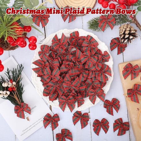 100PCS Christmas Mini Bows for Crafts 1.4" Satin Ribbon Plaid Bows for DIY Sewing Accessories Scrapbooking Christmas Gift Decorations Stocking Stuffers in Saudi Arabia