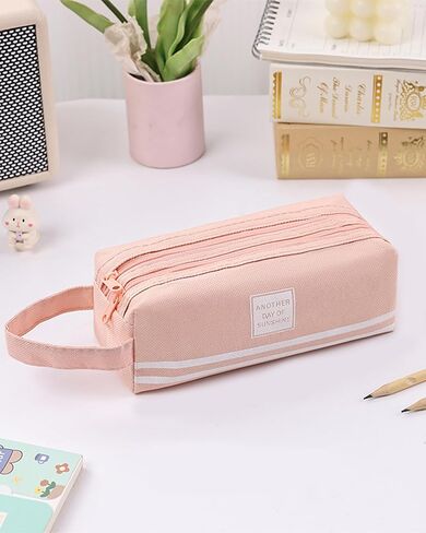 Dark Blue Dual-Layer Pencil Case Pencil Holder, Durable Fabric Stationery Pouch for Office Supplies in Saudi Arabia