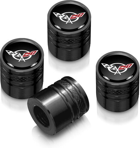 iPick Image for Chevrolet Corvette C5 Logo in Black on Black Cylinder-Style Premium Anodized Aluminum Tire Valve Stem Caps - Set of 4 in Saudi Arabia