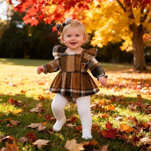 Newborn Baby Girl Fall Winter Clothes Plaid Long Sleeve Romper Buttons Outfit Ruffles Dress with Bow Headband in Kuwait