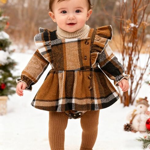 Newborn Baby Girl Fall Winter Clothes Plaid Long Sleeve Romper Buttons Outfit Ruffles Dress with Bow Headband in Kuwait