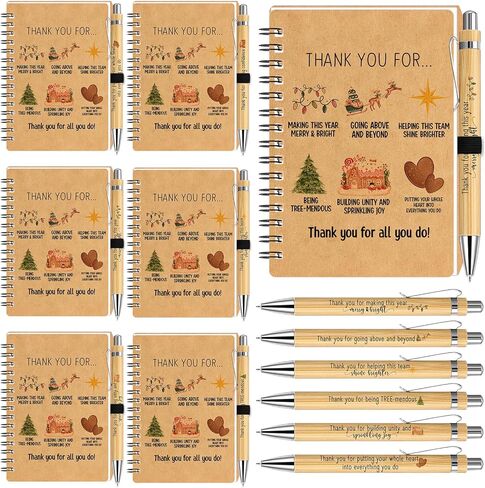 Tenceur 24 Sets Christmas Coworkers Appreciation Gifts Office Christmas Party Gift for Employee Spiral Kraft Notebooks with Bamboo Ballpoint Pens Holiday Stationery Bulk for Team Group Staff Party in Saudi Arabia