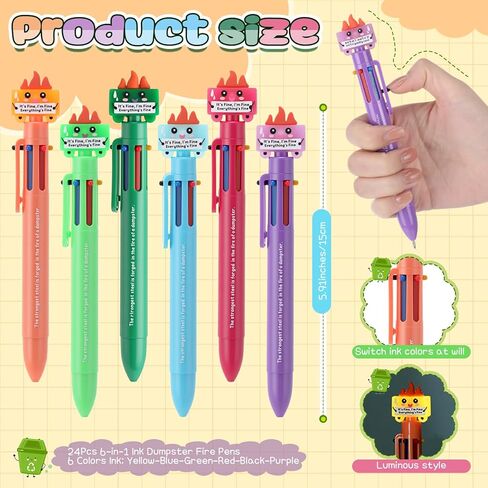24 Pcs Christmas Dumpster Fire Gifts Luminous Dumpster Fire Pens Bulk 6-in-1 Multicolor Ballpoint Pens Positive Funny Emotional Support Employee Appreciation Gifts for Coworker (Multicolor) in Saudi Arabia