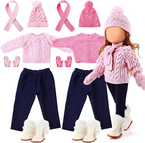 2 Set Christmas 18 Inch Doll Clothes Set for Girls Winter Cute Doll Outfits and Accessories Kit Include Sweater Pants Shoes Hat Gloves Scarf(Pink and Light Pink) in Saudi Arabia