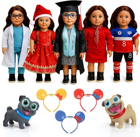 20 Pcs Doll Clothes & Accessories for 18 Inch Dolls – Educational Role Play Gift Set for Girls with 5 Themed Outfits (Graduate, Doctor, Santa, Soccer Player, Flight Attendant), 2 Puppies & 3 Headbands in Saudi Arabia