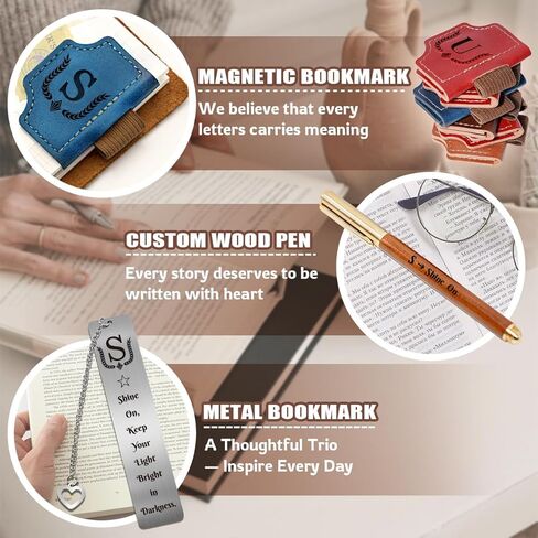 Bygone Mark Bookmark with Pen Holder - Personalized Magnetic Leather Bookmarks Set with Custom Wood Pen & Metal Bookmark – Reading Gifts for Women & Men Book Lovers (Brown,J) in Saudi Arabia