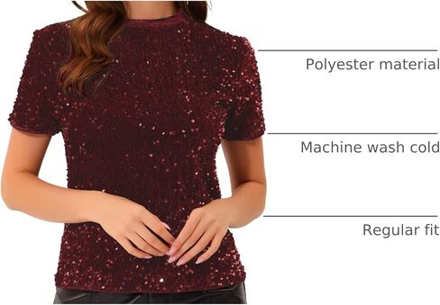 بلوزة Allegra K Sequin Top للنساء من المخمل برقبة دائرية وأكمام قصيرة للحفلات والهالوين in Kuwait