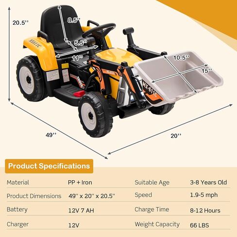 HONEY JOY Ride On Excavator، 12 فولت للأطفال جرافة ركوب على السيارة مع جهاز تحكم عن بعد، مركبة بناء كهربائية للأطفال حفار، 3 سرعات، دلو حفر قابل للتعديل، ركوب على جرار للأولاد البنات (أصفر) in Kuwait