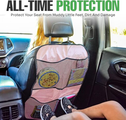 lebogner Back Seat Cover for Kids + 3 Pocket Storage Organizer, 2 Pack Kick Mats Backseat Protector, Car Accessories Waterproof Kick Guard for Vehicles to Protect from Dirt, Mud & Scratches, Beige in Kuwait