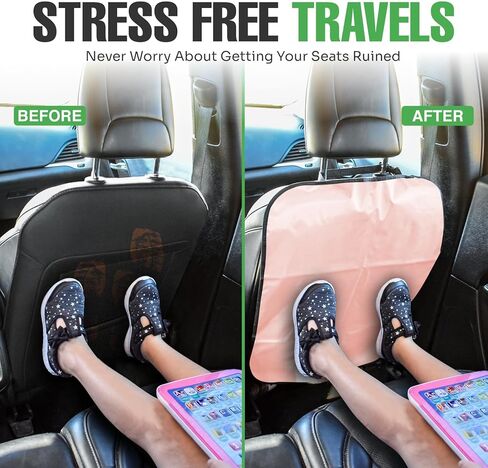 lebogner Back Seat Cover for Kids + 3 Pocket Storage Organizer, 2 Pack Kick Mats Backseat Protector, Car Accessories Waterproof Kick Guard for Vehicles to Protect from Dirt, Mud & Scratches, Beige in Kuwait