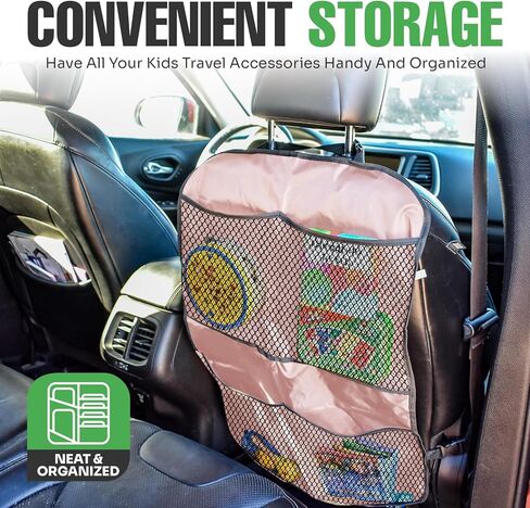 lebogner Back Seat Cover for Kids + 3 Pocket Storage Organizer, 2 Pack Kick Mats Backseat Protector, Car Accessories Waterproof Kick Guard for Vehicles to Protect from Dirt, Mud & Scratches, Beige in Kuwait