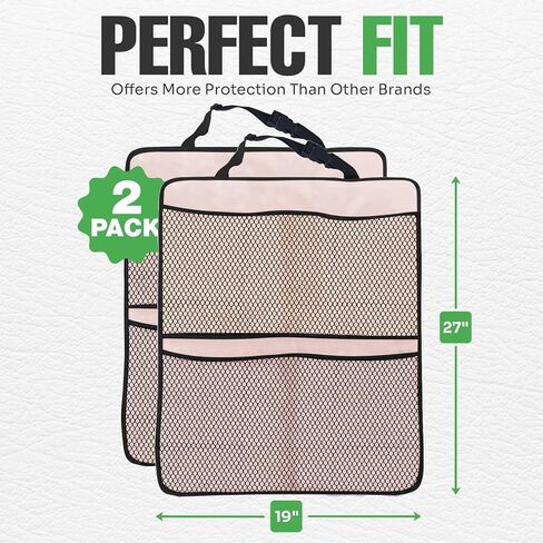 lebogner Back Seat Cover for Kids + 3 Pocket Storage Organizer, 2 Pack Kick Mats Backseat Protector, Car Accessories Waterproof Kick Guard for Vehicles to Protect from Dirt, Mud & Scratches, Beige in Kuwait