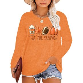Plus Size Halloween Pumpkin T Shirt Women Long Sleeve Fall Graphic Tees Thanksgiving Gift Tops Blouse in Kuwait