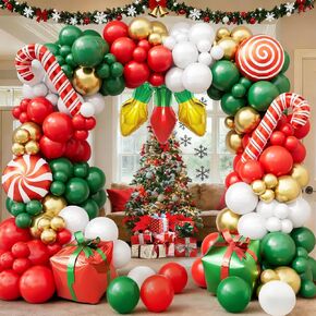 طقم قوس بالونات عيد الميلاد 169 قطعة مع بالونات حمراء وأخضر وأبيض وذهبية، وقصب حلوى، وصندوق هدايا، وبالونات فويل لمبة إضاءة، ومستلزمات حفلات عيد الميلاد، وديكورات حفلات عيد الميلاد in Kuwait