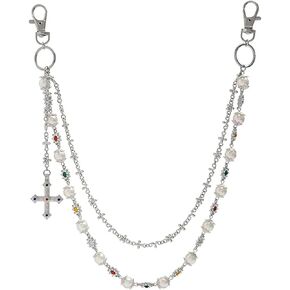 Layered Pearl Wallet Chain - Fashion Rhinestone Flower Cross Jean Pocket Chain for Women Men Cute Bag Purse Charm Jewelry (Gold) in Saudi Arabia