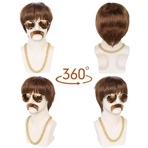 قبعة شعر ANOGOL + 5 قطع مجموعة باروكة ديسكو للبني الداكن 70S باروكات للرجال 80S أزياء للرجال ديسكو باروكة للرجال للرجال 70S ديسكو 1970S باروكة بسلسلة باروكة البوري للرجال هامش الانفجارات الاصطناعية مجموعة زي الشعر الروك شعر مستعار لحفلات الهالوين {شعر مست in Kuwait